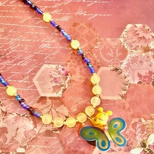 Vintage Kinder Surprise Reading Butterfly Pendant Orange/Blue Beaded Necklace